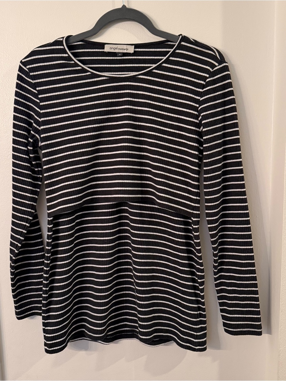 Angel Maternity/Nursing charcoal & white Striped long sleeve Nursing Top